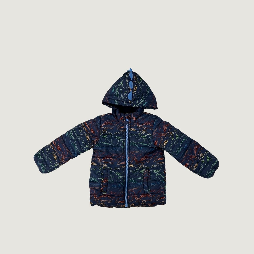 Little Me Boys Navy Blue Dinosaur Print Hooded Puffer Jacket Size 2T